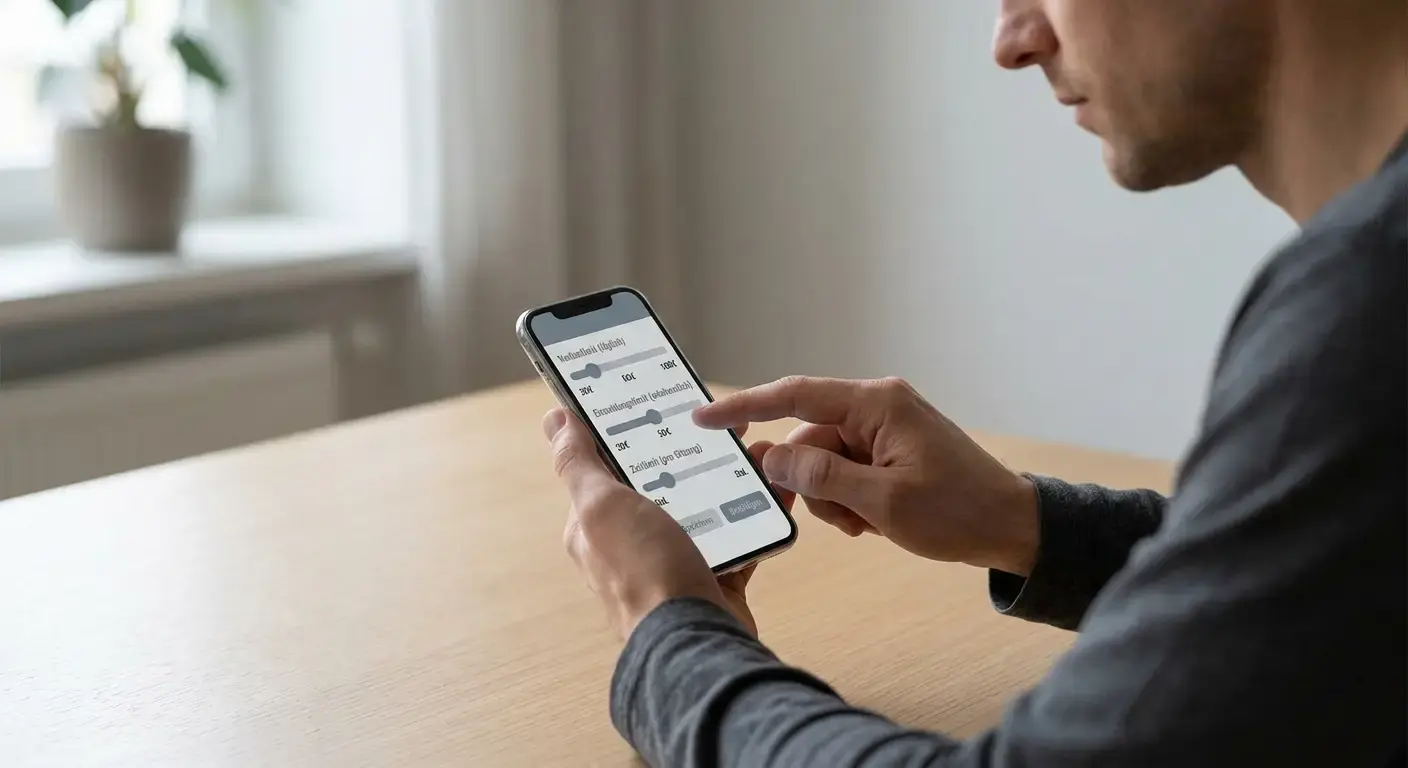 Person stellt Limits in einer Wett-App ein, Fokus auf Selbstkontrolle