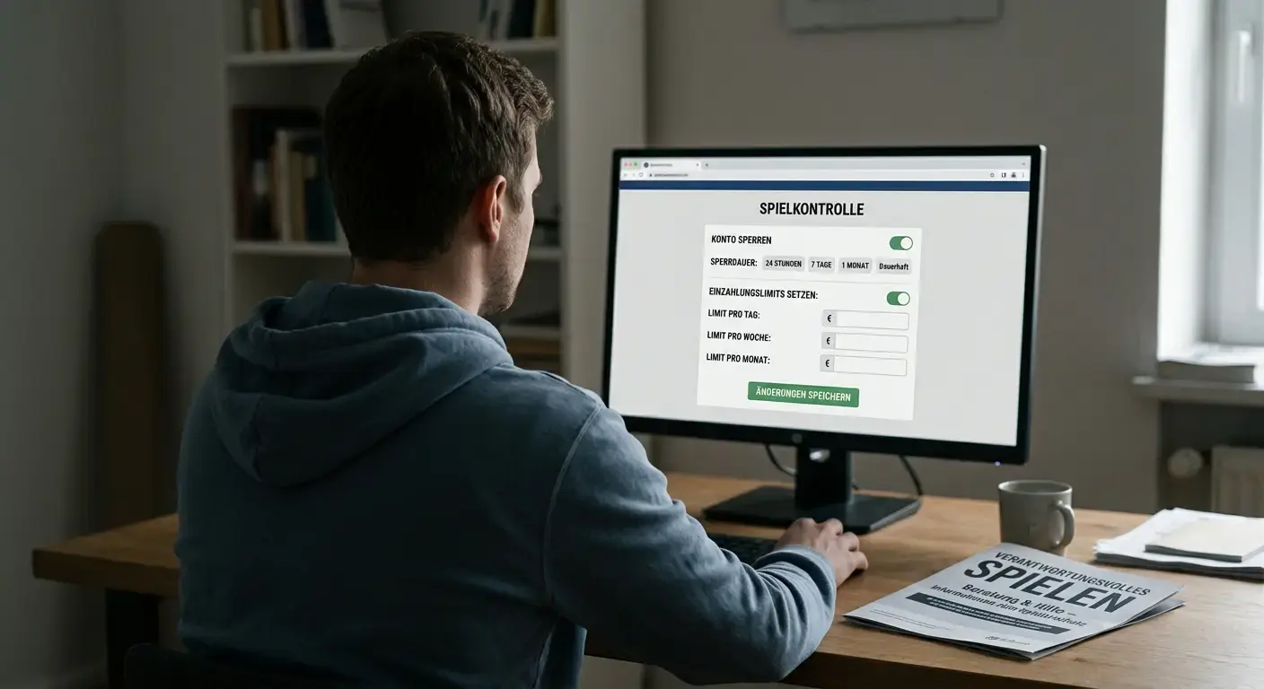 Ruhige Szene mit Person vor Bildschirm und Informationsmaterial zu Spielerschutz
