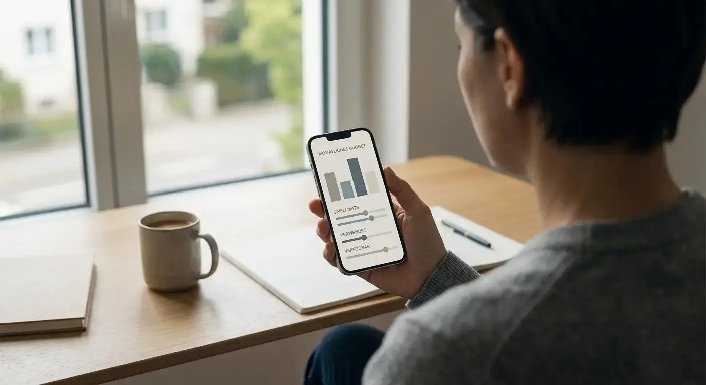 Person setzt Ausgabenlimit in Budget-App am Schreibtisch