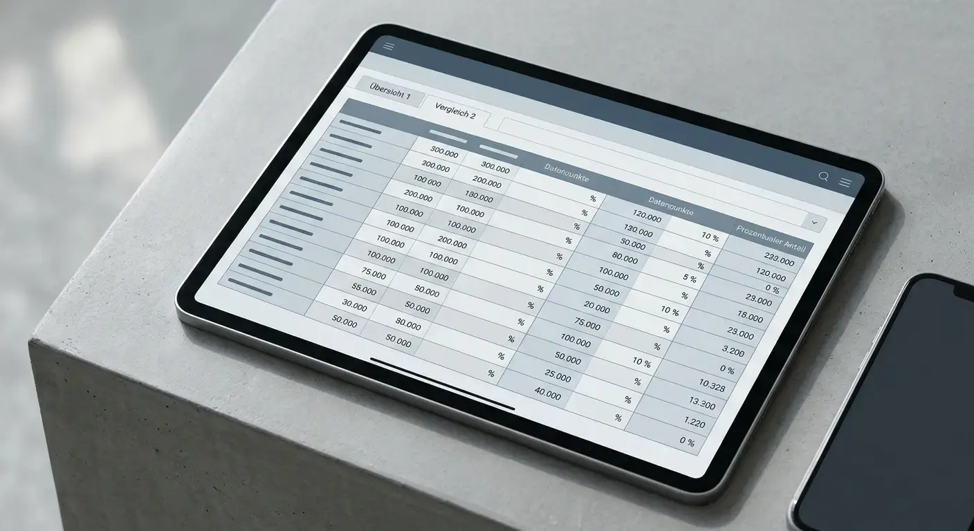 Vergleichstabelle auf Tablet-Bildschirm zeigt abstrakte Datenreihen und Prozentsätze für Quoten-Analyse