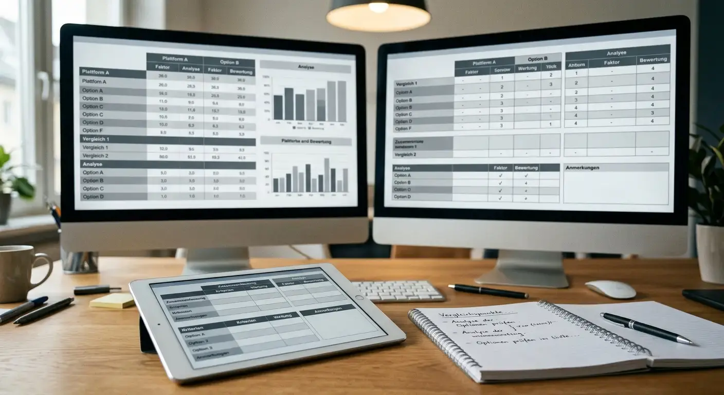 Vergleichstabelle mit acht Wettanbietern auf mehreren Bildschirmen in analytischem Workspace