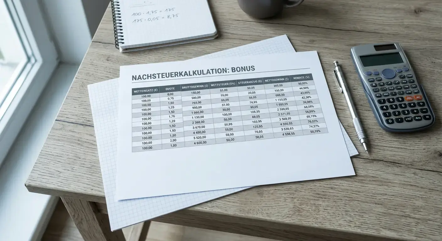 Taschenrechner und Kalkulationstabelle für Wettbonus-Durchrechnung nach Wettsteuer
