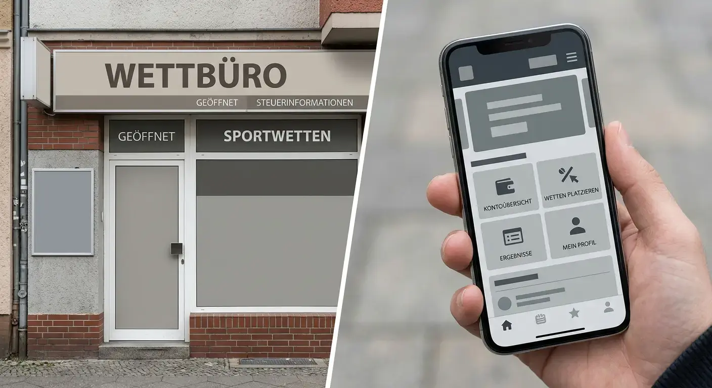 Kontrast zwischen stationärem Wettbüro-Eingang und Smartphone mit Wett-App