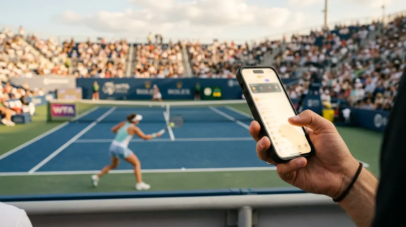 Smartphone mit WTA-Ergebnissen neben einem Tennisplatz — Frauentennis live verfolgen