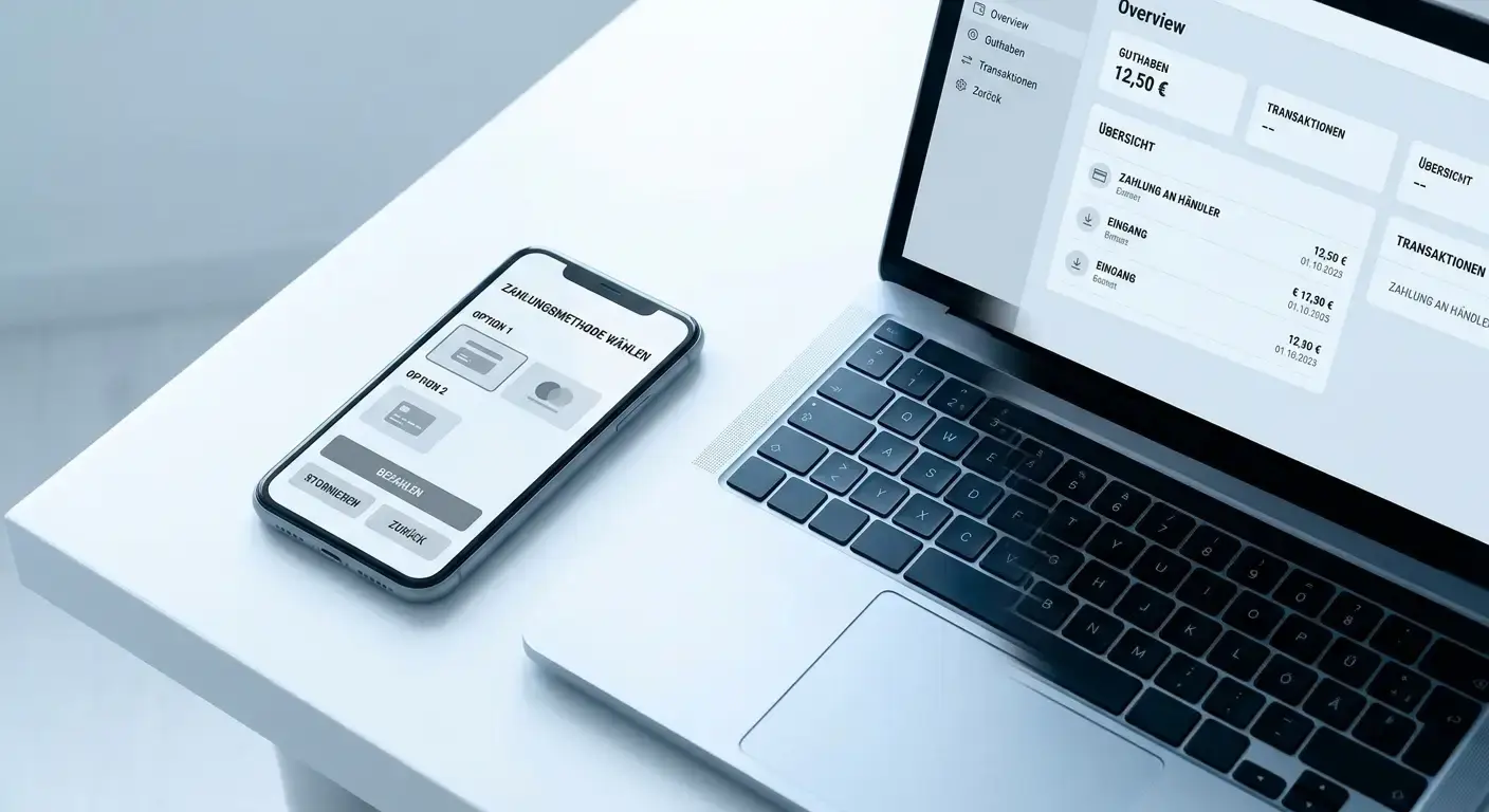 Smartphone mit abstrakten Payment-Optionen neben Laptop auf minimalistischem Schreibtisch