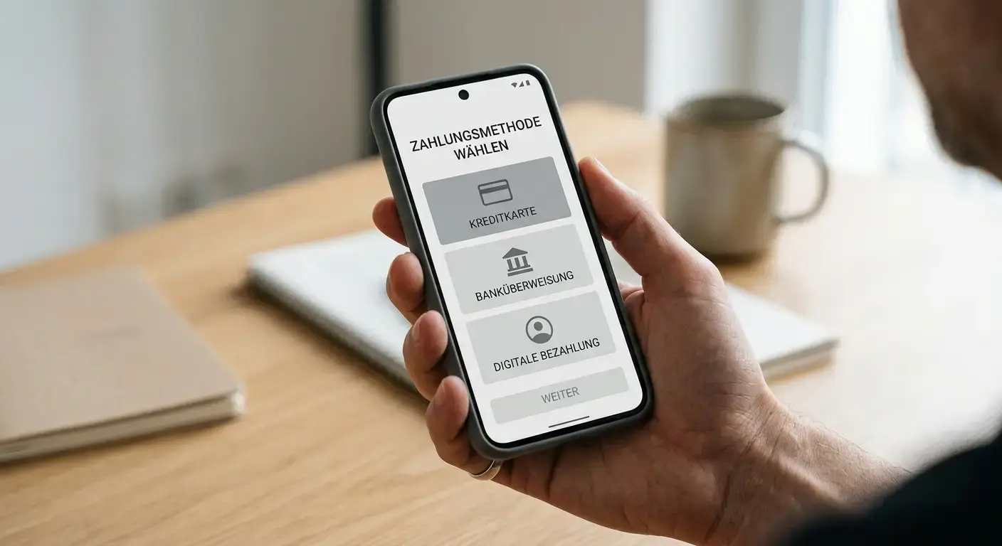 Hand hält Smartphone mit verschiedenen digitalen Zahlungsoptionen