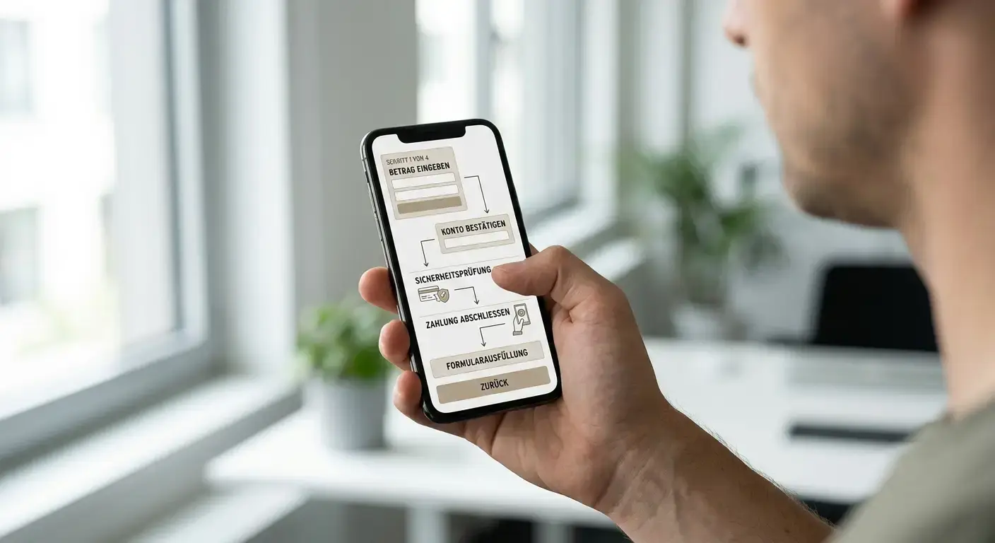 Hand bedient Smartphone mit Zahlungsschritten auf dem Display